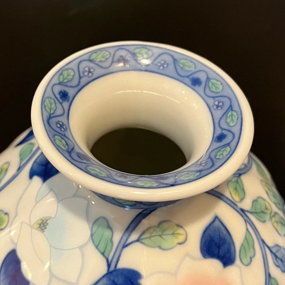 Vintage Maebata Japan Lotus Floral Andrea by Sadek Blue and White Vase